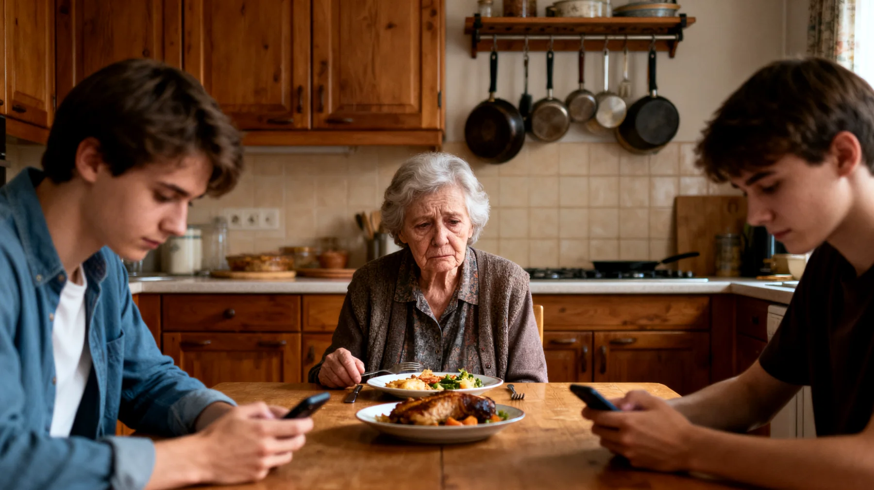 Die Großmutter macht sich große Sorgen über den übermäßigen Konsum digitaler Geräte ihrer erwachsenen Enkelkinder. Sie beobachtet, dass diese bei Familientreffen ständig auf ihr Smartphone schauen, Videospiele spielen oder stundenlang vor dem Fernseher sitzen, anstatt echte Gespräche zu führen. Sie fühlt sich unsichtbar und emotional ausgegrenzt, versteht die digitale Welt nicht und weiß nicht, wie sie die Aufmerksamkeit ihrer Enkelkinder zurückgewinnen kann, ohne Konflikte auszulösen."