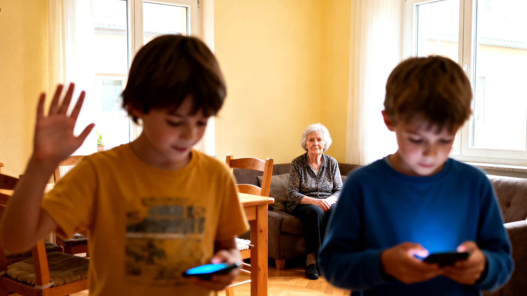 Die Großmutter bemerkt, dass ihre Enkelkinder bei jedem Familientreffen sofort zum Smartphone oder Tablet greifen, anstatt mit ihr zu sprechen oder gemeinsame Aktivitäten zu unternehmen. Sie fühlt sich unsichtbar und ausgegrenzt, versteht die digitale Welt der Kinder nicht und weiß nicht, wie sie ihre Aufmerksamkeit zurückgewinnen soll, ohne Konflikte auszulösen."